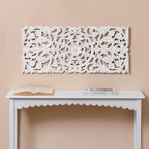 Image of JFY Designs Carac Hand Carved Wood Medallion Wall Panels Bedroom Decor | Wall Mount Floral Sculpture Wall Art for Living Room, Bedroom Set, White Distressed Finish, Rectangular 16 x 36 inch