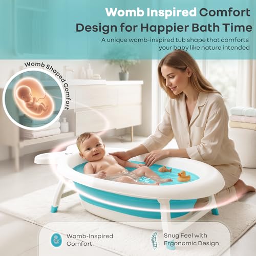 Image of R for Rabbit Bubble Double Finzy Baby Bath Tub Foldable for Kids 9 Months-3 Years | Womb Cocoon Bathtub Design | Anti-Skid Base | Quick Drain Plug | Space Saving Pool Bather with Tray (White Blue)