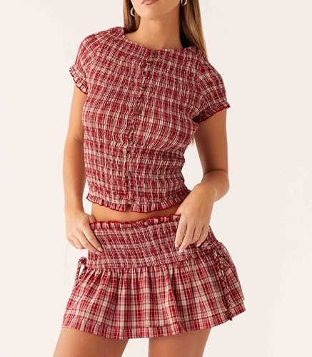Women Plaid Gingham Mini Skirt Y2k Smocked Shirred Low Waist Skirts Bow Ruffle Short Pleated Skirt Party Streetwear4