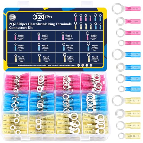 ZQZ 320 Pcs Heat Shrink Ring Terminals Connectors Kit Marine Waterproof