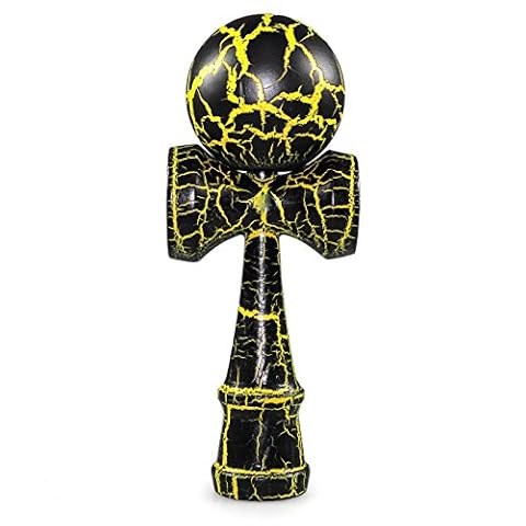 Ganzoo Kendama bukowa czarno-żółta, tradycyjne japońskie narzędzie zręcznościowe z kulką 6 cm z otworem, sznurek, 3 talerze, ergonomiczny chwyt, wymiary 16 cm wysokości i 6,8 cm szerokości, 144 g