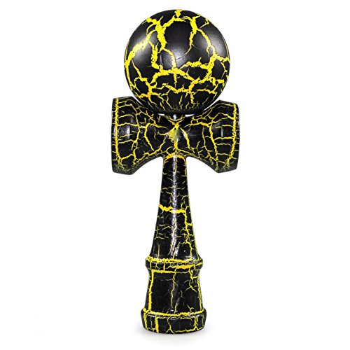 Ganzoo Kendama bukowa czarno-żółta, tradycyjne japońskie narzędzie zręcznościowe z kulką 6 cm z otworem, sznurek, 3 talerze, ergonomiczny chwyt, wymiary 16 cm wysokości i 6,8 cm szerokości, 144 g