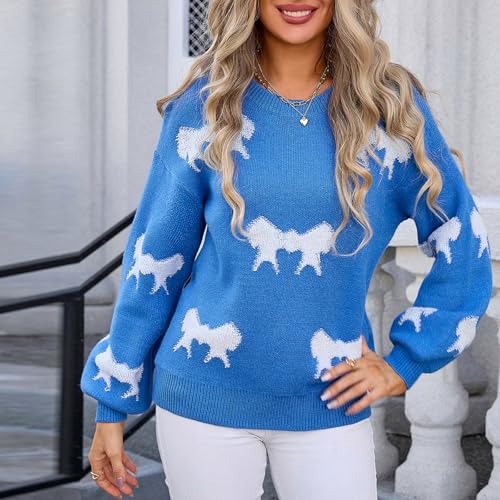 Image of Women Cute Bow Knit Sweater Y2k Long Sleeve Crew Neck Knitted Pullover Top Oversized Going Out Fall Winter Knitwear