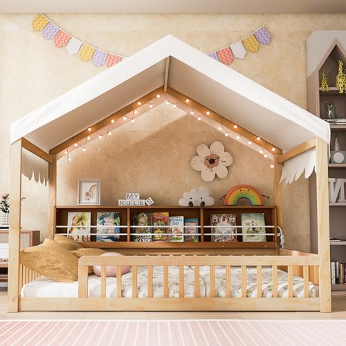 Image of Full Size Wooden Floor Bed for Kids,House-Shaped Daybed with Fense,3 Storage Bookshelves,Curtain and LED Light (Natural+Beige6)
