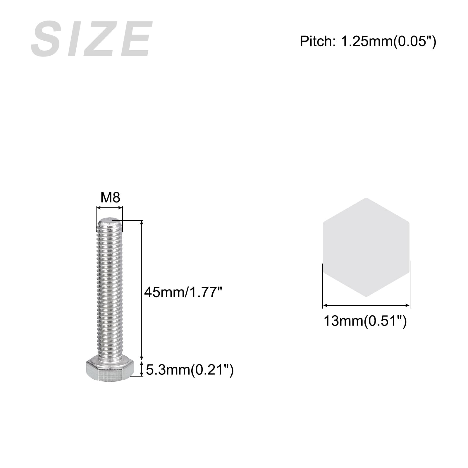 METALLIXITY Hex Bolts (M8-1.25x45mm) 5Pcs, 304 Stainless Steel Coarse Fully Threaded Hex Head Screw Bolt Machine Screws - for Furniture Repair, Silver - Image 2