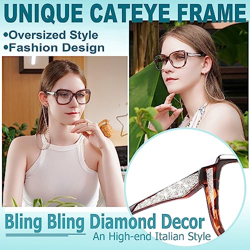 Image of Stylish Oprah Computer Glasses Blue Light Blocking, Retro Large Frame with Fashion Eyeglasses Chains for Women 2 Pack +0.0