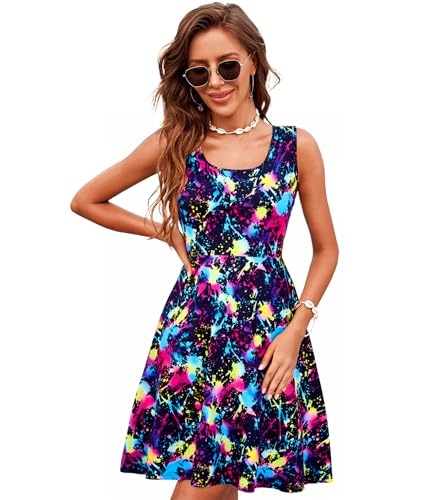 Image of uideazone Women Funny Print Sleeveless U Neck A Line Casual Midi Dress | Soft Stretchy Breathable Fabric Flared Swing Sundress Fitted Waist for Daily Wear 80 /90s Themed Party Beach Vacation Trips