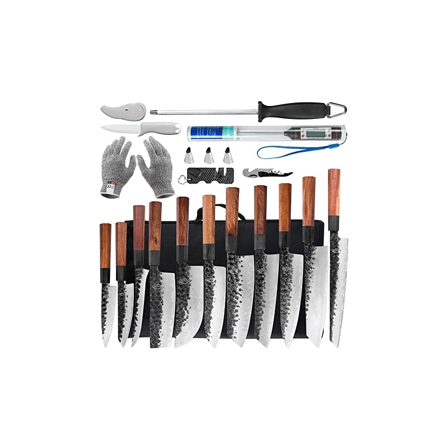 FULLHI-18pcs-Japanese-Gyuto-Chef-Knife-set-Professional-Hand-Forged-Kitchen-Chef-Knife-3-Layers-9CR18MOV-High-Carbon-Meat-Sushi-Knife-Rosewood-Handle-with-knife-bag FULLHI 18pcs Japanese Gyuto Chef Knife set Professional Hand Forged Kitchen Chef Knife, 3 Layers 9CR18MOV High Carbon Meat Sushi Knife Rosewood Handle with knife bag