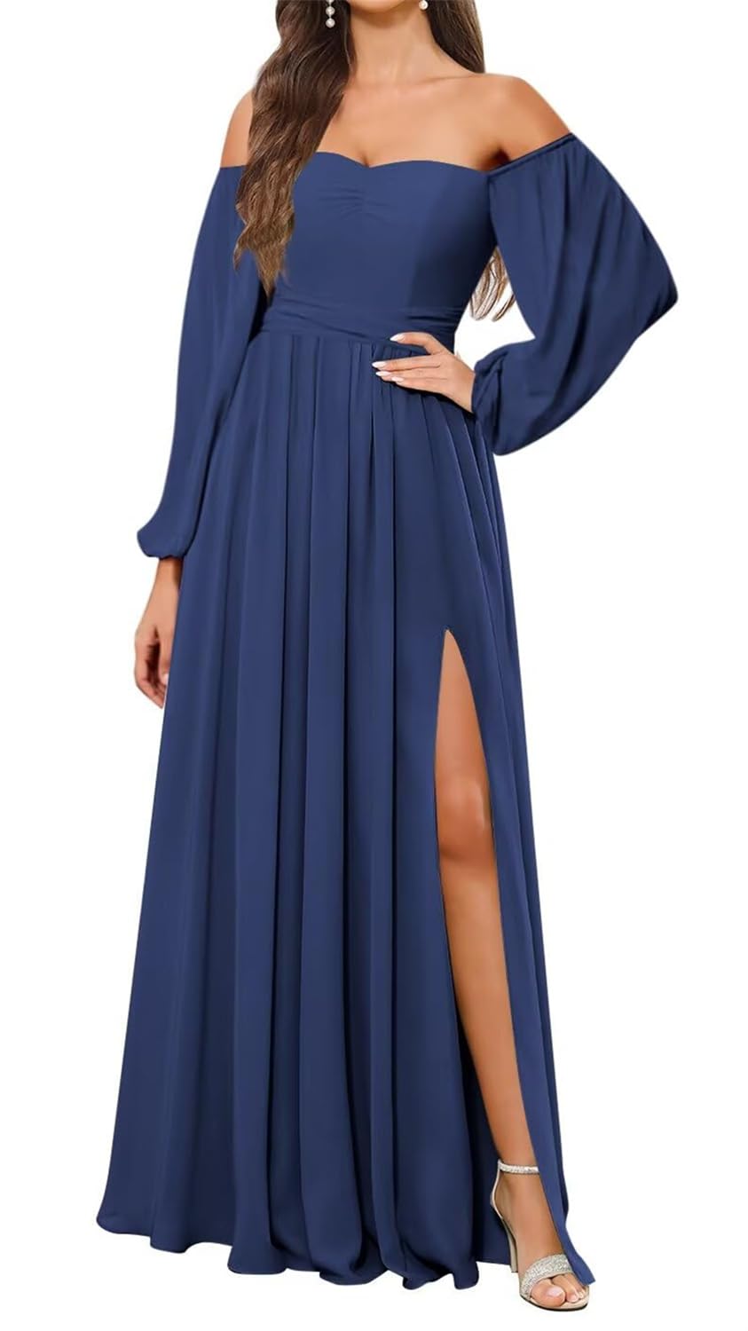 Kurface Women's Navy Blue Bridesmaid Dresses Long Sleeve For With Slit Strapless Formal Dress Off Shoulder Evening Gown Uk18