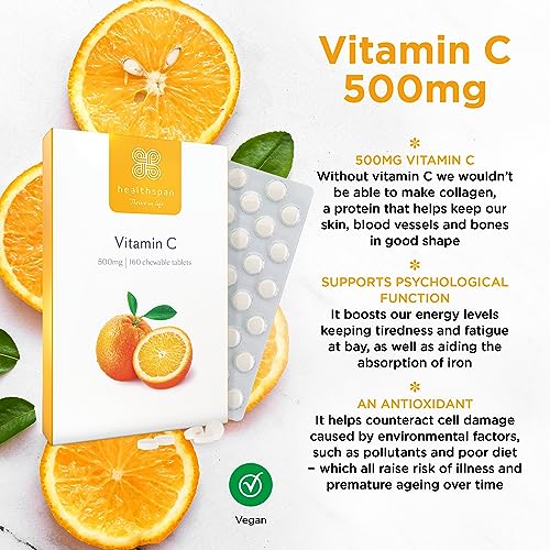 Healthspan Vitamin C 500mg (160 Chewable Tablets) | Supports Immune & Nervous Systems | Boosts Energy Levels & Psychological Function | Added Natural Citrus Bioflavonoids | Free of Aspartame | Vegan - Image 3