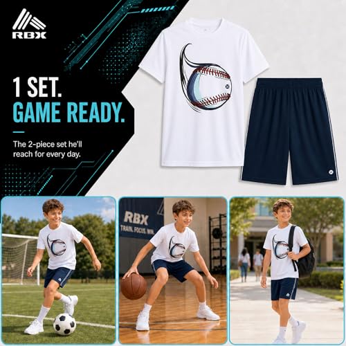 Image of RBX Boys Athletic Shorts Set - 2 Piece Active Performance Graphic Tees and Mesh Gym Shorts for Boys With Elastic Waistband