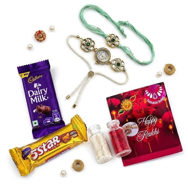 Rakhi Gift Set for Bhaiya Bhabhi with Designer Rakhi & Pearl Beaded Bracelet | Roli Chawal, Greeting Card & 2 Chocolates Included | Premium Raksha Bandhan Gift Hamper for Brother, Sister-in-Law, Men-image-15