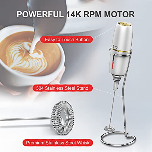 Image of Bonsenkitchen Electric Milk Frother Handheld, Portable Whisk Milk Foam Maker with Stainless Steel Stand, Battery Operated Drink Hand Mixer for Coffee, Matcha (Upgraded Silver)
