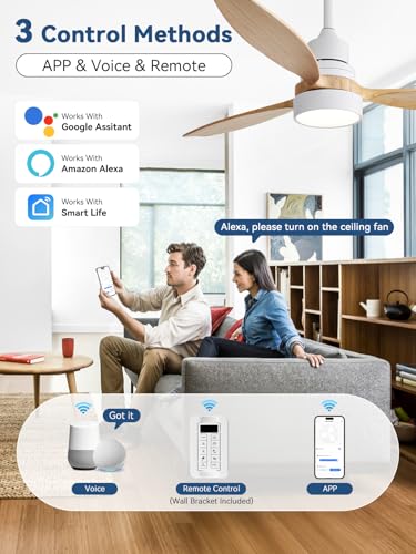 Image of Sofucor 52 Inch Solid Wood Smart Ceiling Fans with Lights and Remote, Works with App /Alexa /Google, 6-Speed Outdoor Ceiling Fan with Light, 3 Blade Ceiling Fan, Quiet DC Motor for Living Room Patio
