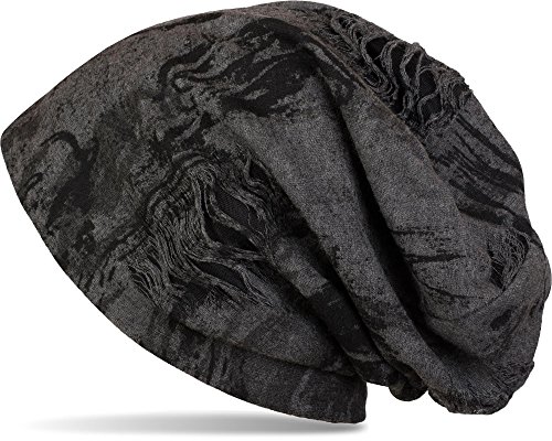 styleBREAKER gemusterte Beanie Mütze im Destroyed Vintage Used Look, Slouch Longbeanie, Unisex 04024068, Farbe:Dunkelgrau