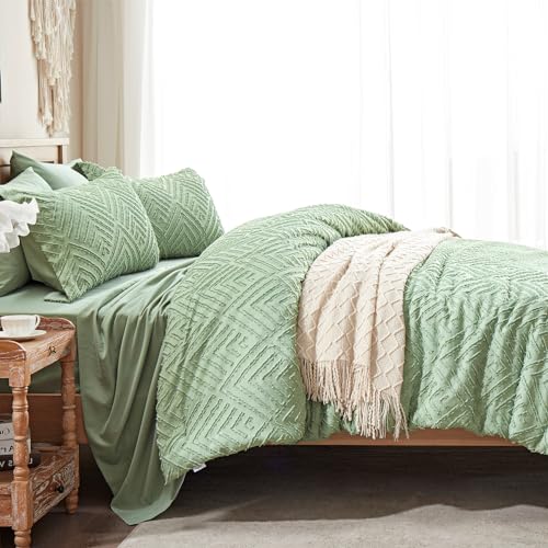 Image of Zzlpp Full Comforter Set 7 Pieces, Sage Green Tufted Bed in a Bag with Comforter and Sheets, All Season Boho Bedding Sets with 1 Comforter, 2 Pillow Shams, 2 Pillowcases, 1 Flat Sheet, 1 Fitted Sheet