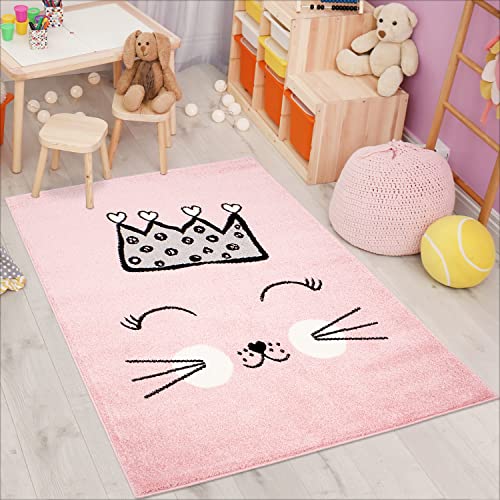 carpet city Kinderteppich Bubble Kids Flachflor mit Katze und Krone in Rosa für Kinderzimmer;...
