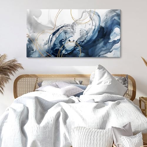 Image of Mofutinpo Blue Abstract Wall Art Modern Canvas Art Wall Decor Artwork For Walls Living Room Large Painting Office Pictures For Wall Navy Gold Contempor Decorations For Bedroom Size 20x40