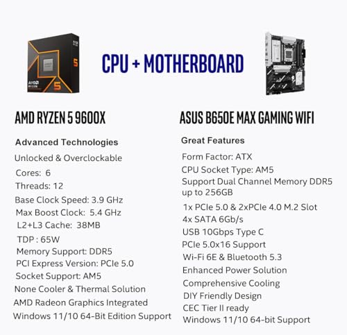 Image of MICRO CENTER AMD Ryzen 5 9600X CPU Processor Bundle with ASUS B650E MAX Gaming WiFi AM5 ATX Motherboard (DDR5, PCIe 5.0, 3X M.2, Wi-Fi 6E)
