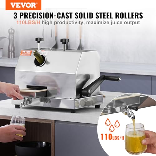 VEVOR Commercial Sugar Cane Juicer, 110LBS/H High Output Sugarcane Juicer Machine with 3 Stainless Steel Rollers, 2.4" Large Inlet, Manual Sugarcane Juice Extractor Squeezer for Home/Commercial Use