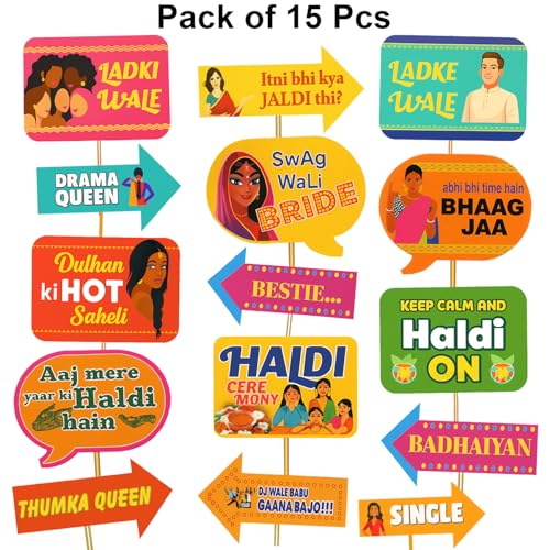 Image of Rozi Decoration Haldi Ceremony Photobooth Props Set of 15 Sticks for The Bride and Her Family, Pre-Wedding and Wedding Photographic Props Pack of 2