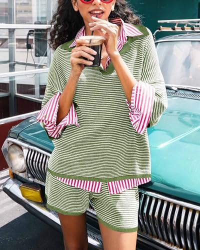 Image of Tankaneo Womens Sweater Set 2 Piece Outfits Oversized 3 /4 Sleeve V Neck Knit Tops High Waisted Shorts Lounge Sets