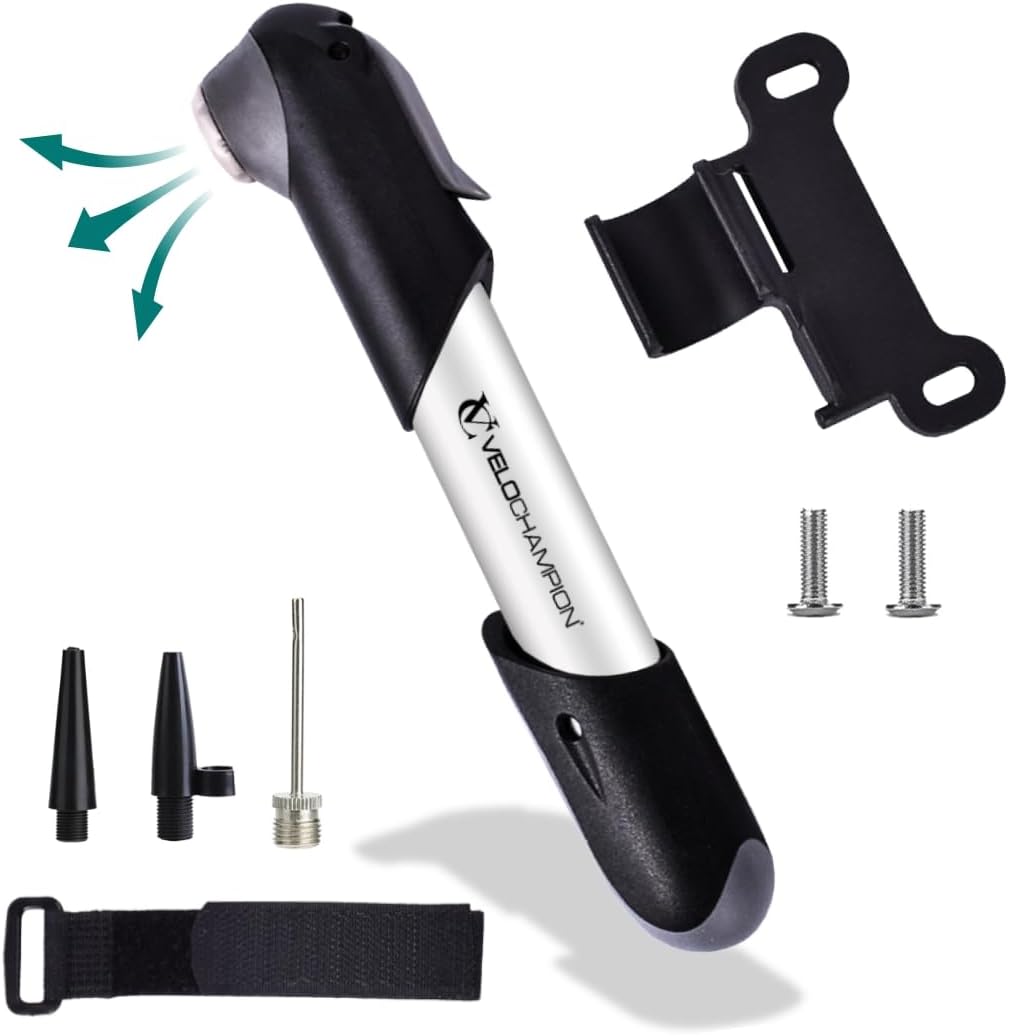 VeloChampion Mini Bike Pump with Frame Mount | Portable Compact Alloy Bicycle Pump with Frame Mount | Presta, Schrader & Dunlop Valves | for Road, Mountain, E-Bike