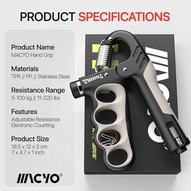 MACYO Grip Strength Trainer with Wider Handles - Adjustable Hand Grip Strengthener 11-220Lbs(5-100KG) for Large Hands, Automatic Counter & Ergonomic Design, Comfortable Forearm Workout for Athletes, Injury Recovery