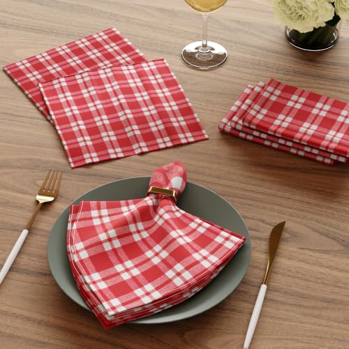 Image of Encasa XO Dining Table Napkins Set of 12, 45x45 cm | Machine Washable Reusable, Recycled Cotton Cloth Napkin, Soft & Absorbent, Table Decor for Hotels, Farmhouse - White & Franca Red Checks