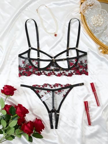 Image of Lilosy Sexy Underwire Floral Lace Sheer Lingerie Set for Women See Through Bra and Panty 2 Piece