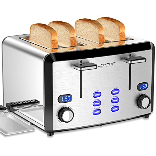 LOFTer Toaster 4 Scheiben mit LED Anzeige 4er Toaster aus Edelstahl mit 6 Bräunungsstufen, Brotzentrierung, Breite Schlitz, Krümelschublade, Auftau/Aufwärm/Stopp Funktion Toaster