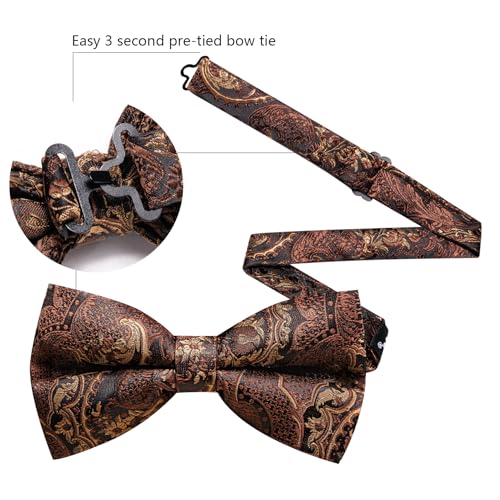 Image of Barry.Wang Paisley Striped Bow Tie for Men Silk Pre-Tied Bowtie Pocket Square Cufflinks Set Formal Wedding Party Prom