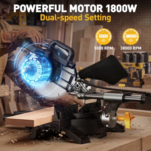 Image of Upgrade 10-inch Sliding Compound Miter Saw, Dual-speed 5000 /3300RPM, 15 Amp, Single Bevel 0-45 with 2 x TCT Blades, Multi-Material Cutting for Metal, Plastic, Wood, Laminates
