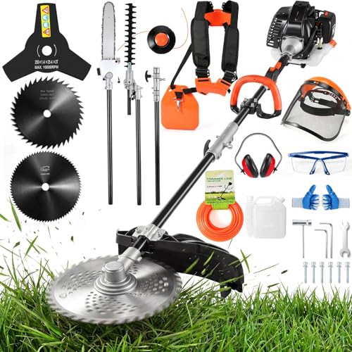 6-in-1 Gas Powered Weed Trimmer 52CC 2-Stroke Weed Wacker with Hedge Trimmer Brush Cutter Edger & Extension Pole Lawn Garden Tool Orange