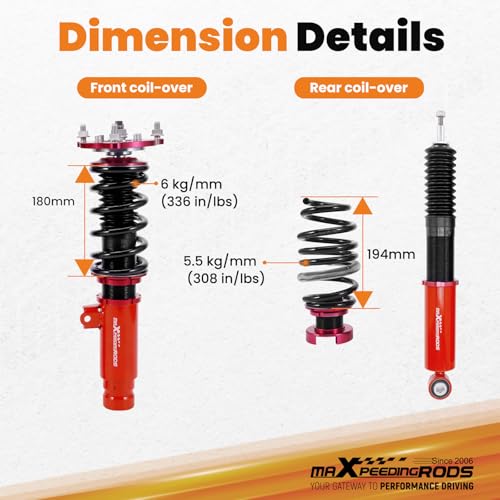 maXpeedingrods Coilovers for Honda Civic Hatchback 2016-2021 52mm clamp diameter only, Height Adjustable Coilovers Suspension Kit, Preset Damping Shock Absorber Struts, Lowering Kit Red - Image 5