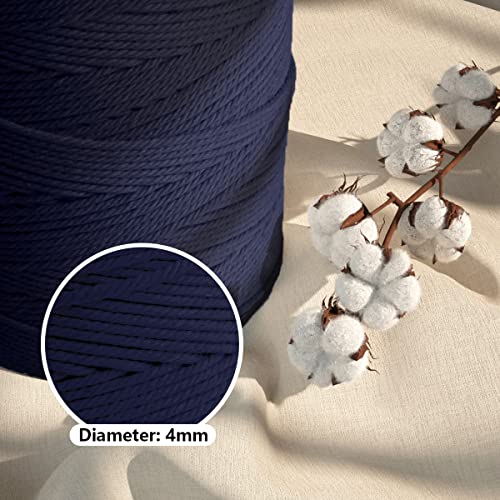 Image of ZUEXT Macrame Cord, Navy, 4mm x 547yds Cotton String Macrame Yarn | Natural Handmade, 4 Strands Twisted Cotton Rope, for Craft Wall Hanging Weaving Tapestry Dream Catchers Hanger DIY Gift, 500m