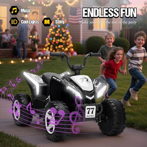 Image of Kids ATV 4 Wheeler, Two Seater 24V Ride On Toy for Big Kid w /Unique LED Light, Music, Wireless, Story, 24 Volt Ride on Car Electric Quad for Boys Girls (White)