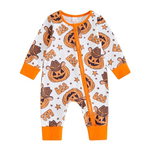 Image of FIOMVA Baby Boy Girl Halloween Outfit Newborn Boo Pumpkin Romper Infant Long Sleeve Jumpsuit Western Fall Winter Clothes