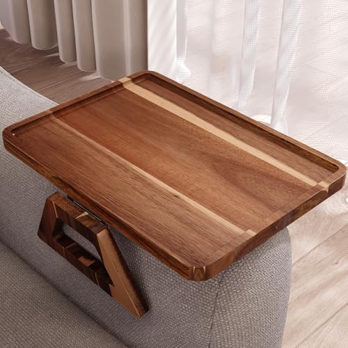Danfoxer Acacia Wood Couch Arm Tray,Folding Sofa Armrest Tray,Couch Arm Table Clip-On Couch Desk for...
