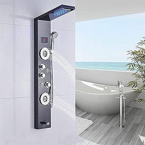Juego de columna de ducha con panel LED, 5 funciones, con pantalla de temperatura de agua, cabezal de ducha efecto lluvia, ducha de mano y boquilla de masaje corporal miniatura 2