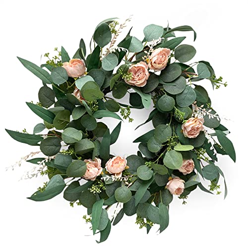 Heron Home Décor Artificial Spring Eucalyptus Wreath For Front Door Indoor Outdoor Polyester Fabric Leaves Mixed Peonies Green Home Decor, Wedding, Holiday And Events Décor 22 Inch (Pink Peonies) #TOP2