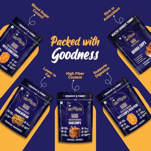 Image of Evolve Chips Combo - Healthy Snacks for Kids, Adults | Baked Bhakarwadi, Ragi & Oats Chips, Quinoa Chips, Soya Corn | Fresh, Roasted, No Artificial Colors - 100g Pack of 5