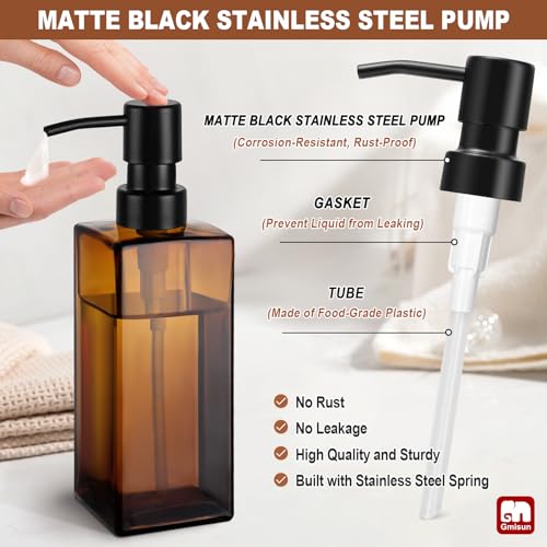 Image of GMISUN Amber Glass Soap Dispenser, Hand Soap Dispenser with Stainless Steel Pump for Bathroom, 12 fl oz /350ml Refillable Dish Dispensers for Kitchen, Modern Liquid Lotion Bottles for Countertop