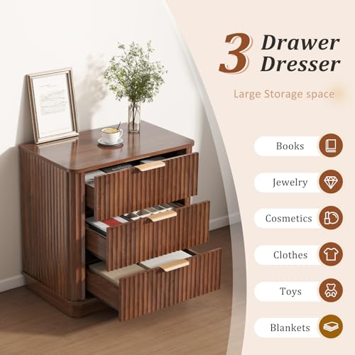 Image of LYNCOHOME 23 inch Full-Fluted Nightstand with Storage,3 Drawers,Curved,Walnut