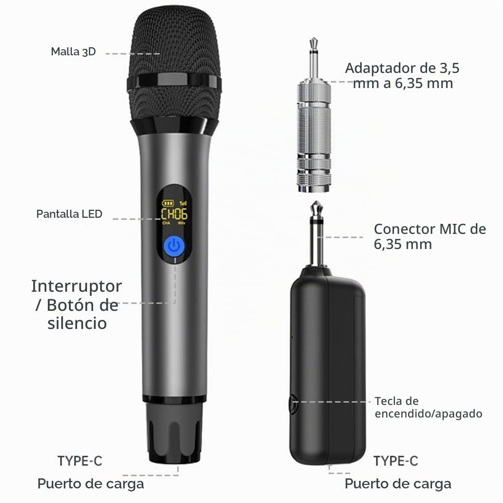 VOVIGGOL Micrófono Inalámbrico Profesional de Metal 2 Piezas, 50M UHF Sistema de Micrófono Dinámico Mano con Receptor Recargable, para Canto de Karaoke, KTV Casero, Boda, DJ, Fiesta, Discurso
