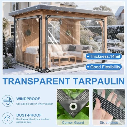 Image of Clear Tarps Heavy Duty Waterproof - 5x7ft Clear Tarps with Grommets - 14mil Thickened Transparent Plastic Vinyl Tarp for Patio Porches Greenhouse Chicken Coop Cover, with Fixed Accessories