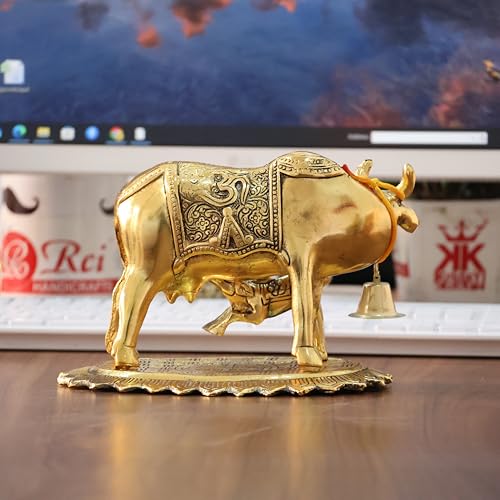 Image of KridayKraft Metal Om Kamdhenu Cow and Calf Metal Statue for Good Luck,Feng Shui As Table Top Figurine,Vastu,Religious Gau MATA Idol Home,Office&Table Decorative,Animal