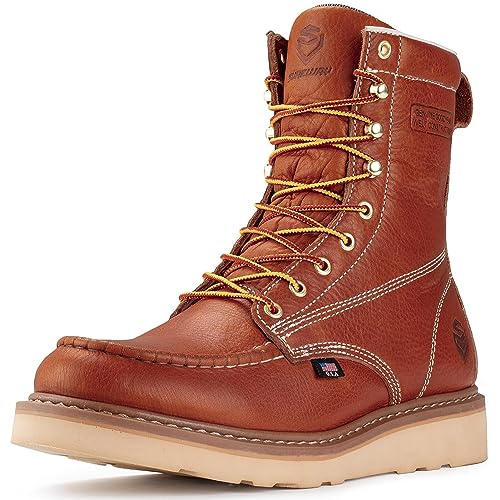 SUREWAY Mens 8 in Wedge Moc Soft/Steel Toe Work Boots for Men,Full-Grain Leather,Industrial Construction Boots/Shoes for Women,Waterproof Soft Toe Light BROWN,Size 9.5