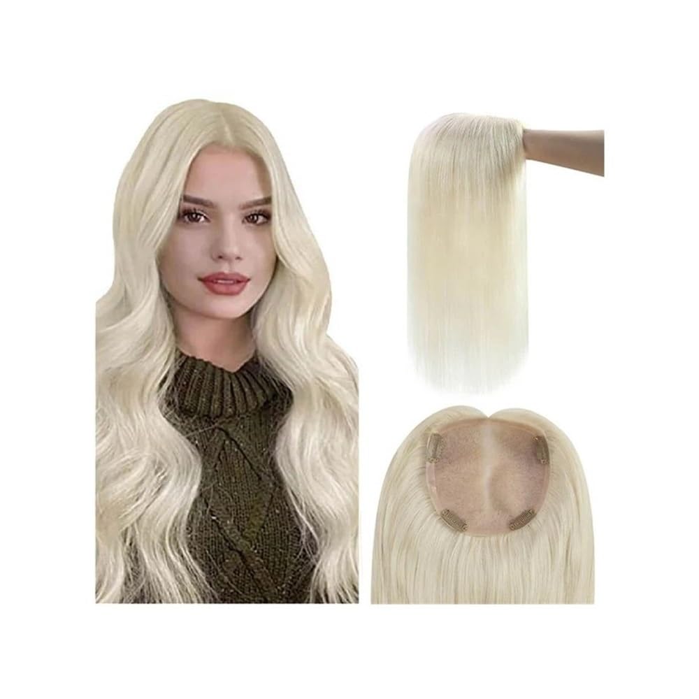 Topper for capelli umani lisci setosi biondo platino, base MoNo e PU | Toppers for capelli for donne, veri capelli umani, base larga 5x5 pollici, coprono il diradamento(10inches(25cm))