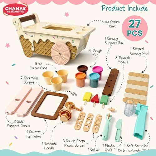 Image of Chanak Play Dough Ice Cream Maker Set, Safe Non-Toxic Wooden Ice Cream Cart Toy with Clay Machine for Kids 3+, Montessori Pretend Play Toy Cafe, Perfect Learning Gift Ice Cream Toys for Girls & Boys